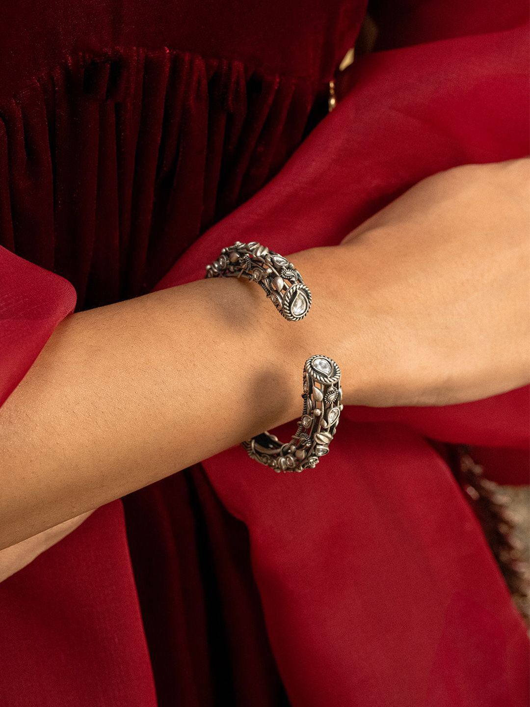 SHAYA 925 Sterling Silver Oxidised Stone Studded Chham Cuff Bracelet-picture-12