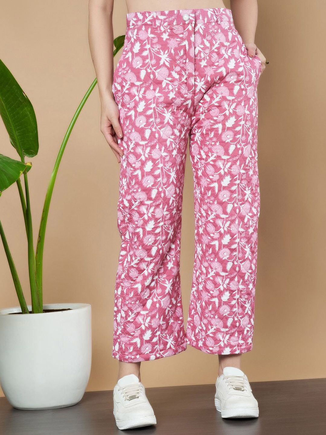 COTLAND FASHION Women Cotton Floral Printed Relaxed High-Rise Coated Casual Trousers-picture-11