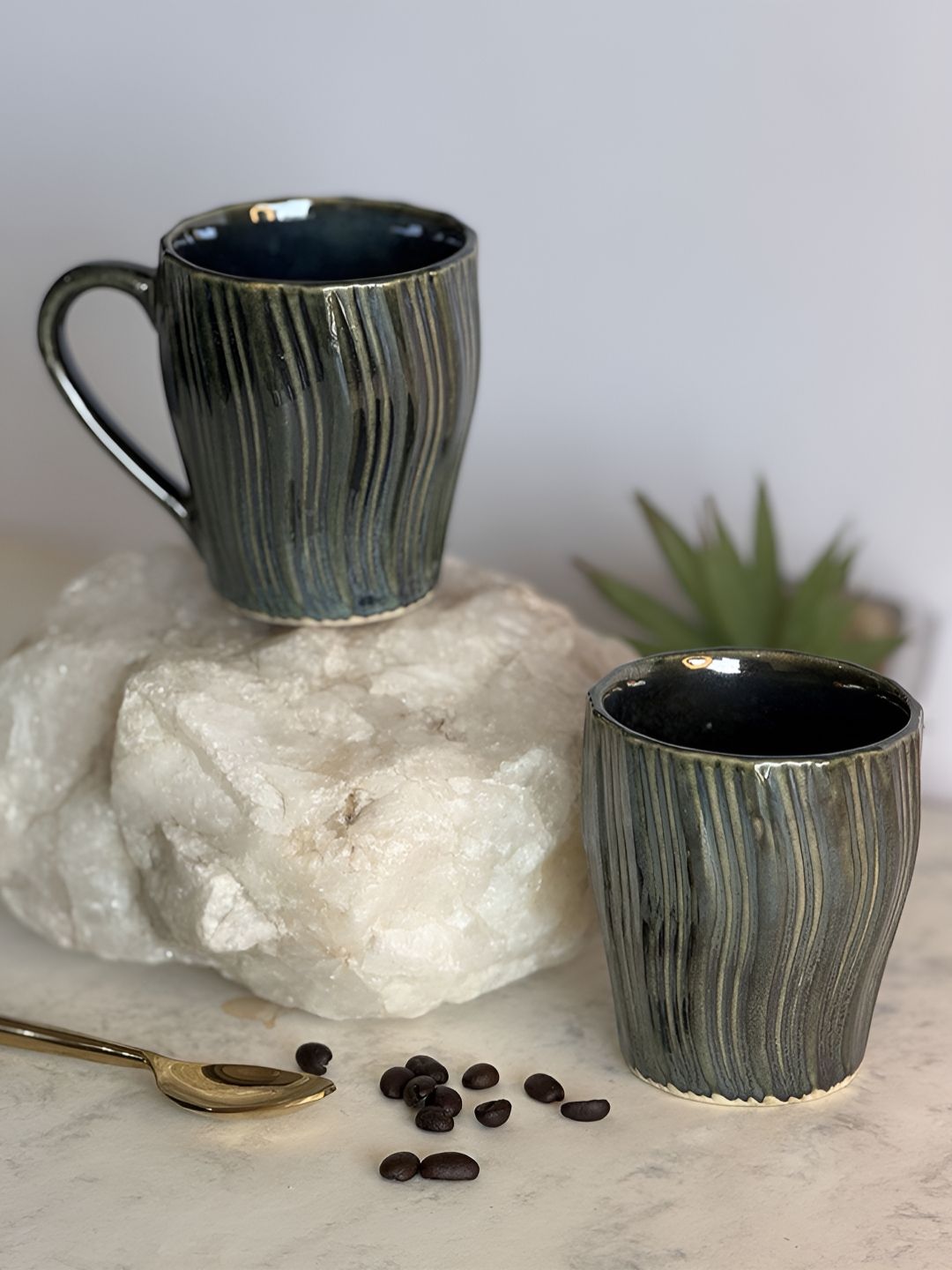 ARAVALII Green 2 Pieces Textured Ceramic Mugs-250ml-picture-36