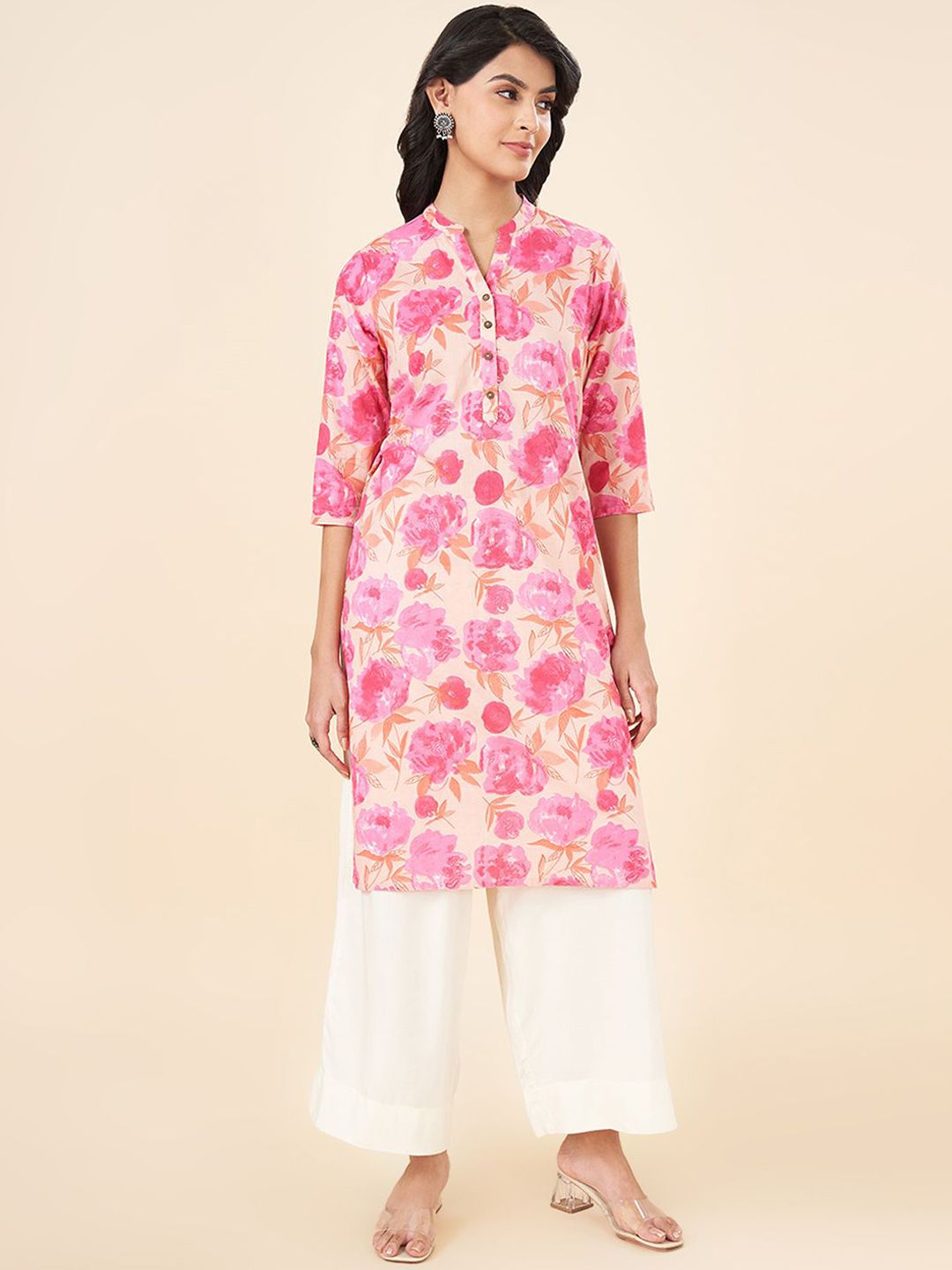 RANGMANCH BY PANTALOONS Floral Printed Mandarin Collar Pure Cotton Straight Kurta-picture-10