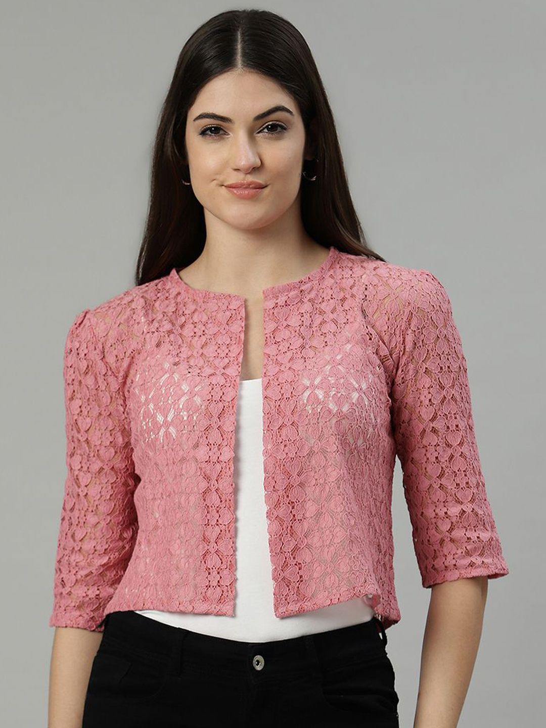 UnaOne Geometric Embroidered Cotton Lace Open Front Shrug-picture-40