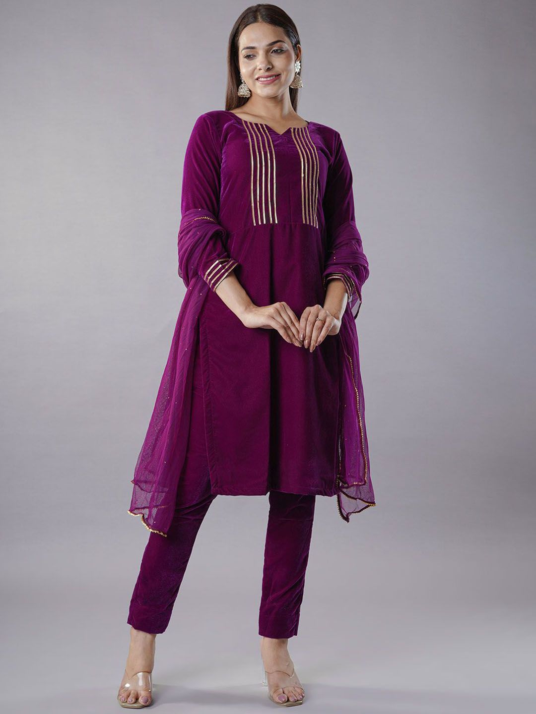 Utsav Fashion Round Neck Gotta Patti High Slit Velvet Kurta with Trousers & Dupatta-picture-51