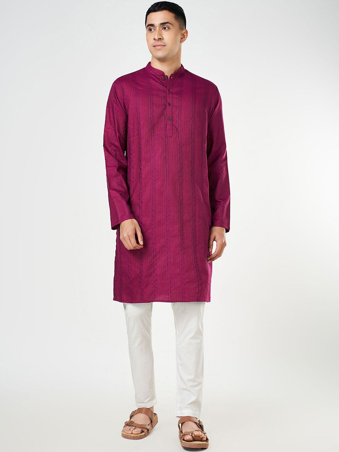 indus route by Pantaloons Striped Mandarin Collar Cotton Straight Kurta-image-35