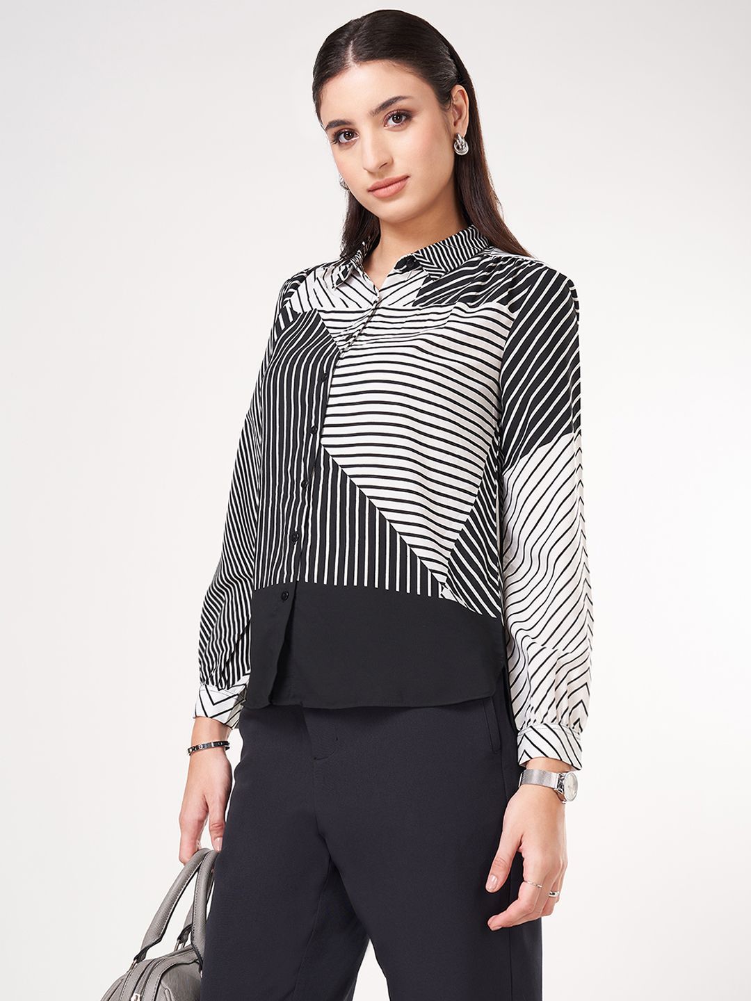 Annabelle by Pantaloons Women Vertical Stripes Printed Shirt Style Top-picture-36