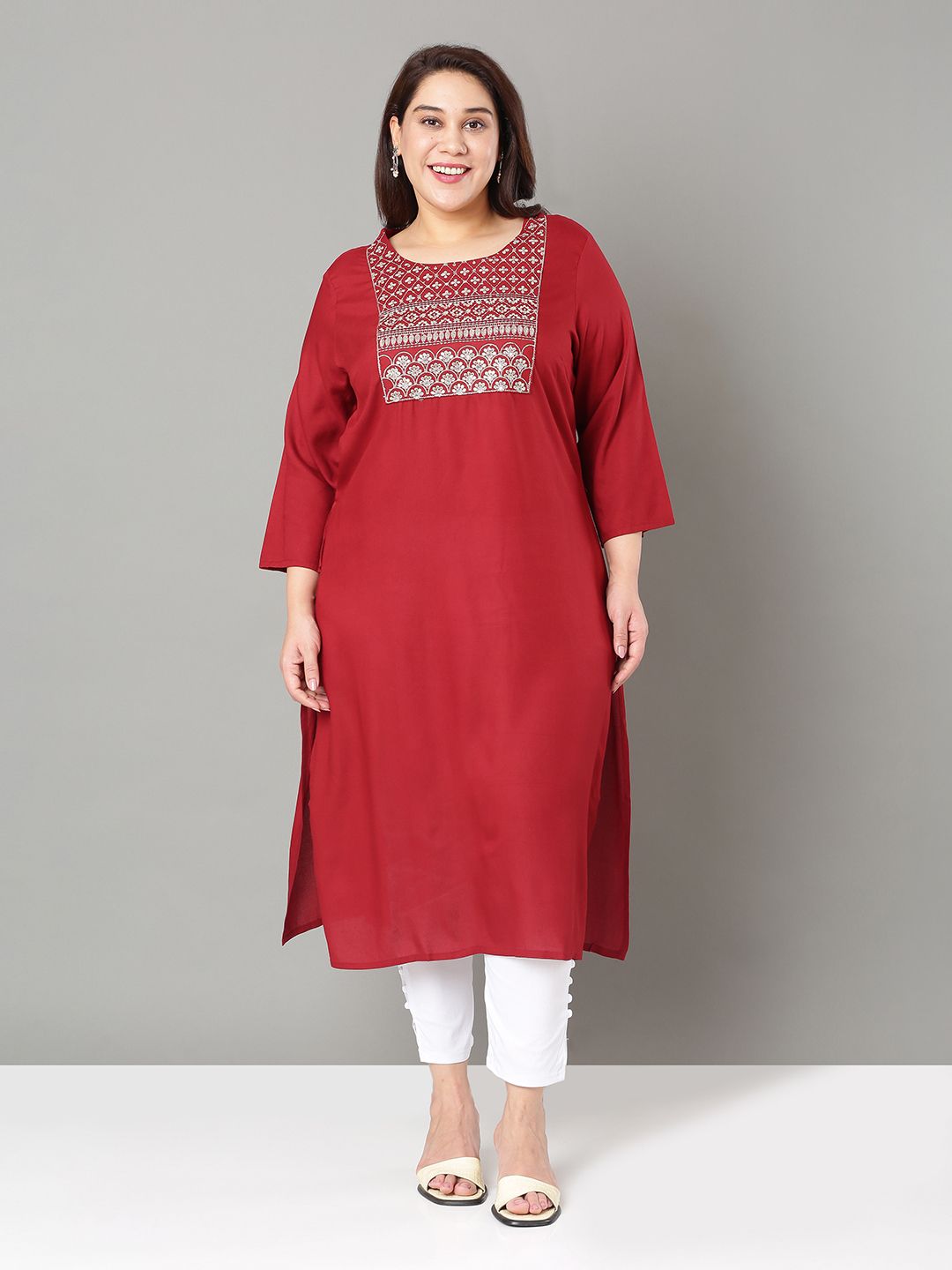 Sztori Plus Size Floral Yoke Design Thread Work Straight Kurta-picture-30