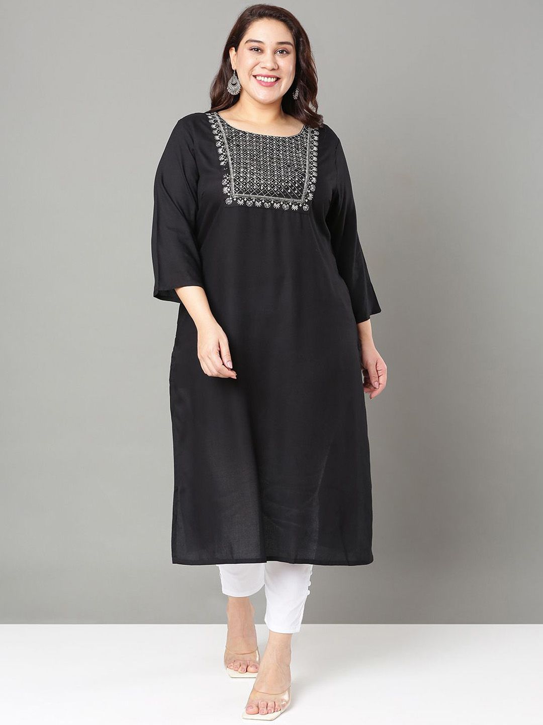 Sztori Plus Size Floral Yoke Design Mirror Work Straight Kurta-picture-26