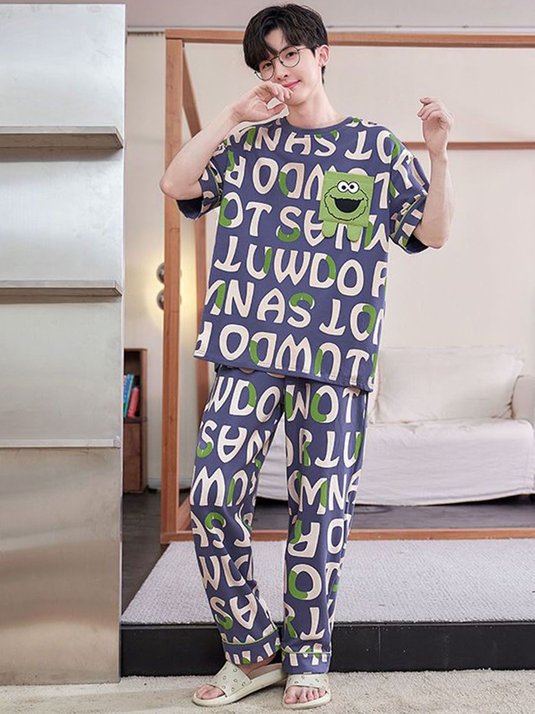 StyleCast Printed Pure Cotton Shirt Collar Night Suits-picture-41