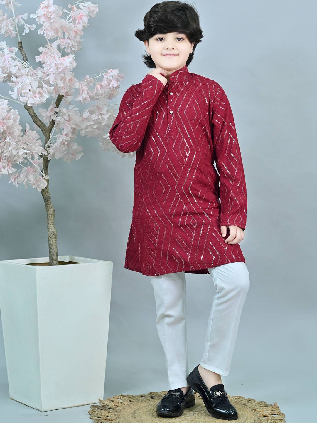 ahhaaaa Boys Geometric Embroidered Regular Sequinned Dupion Silk Kurta With Trouser-picture-16