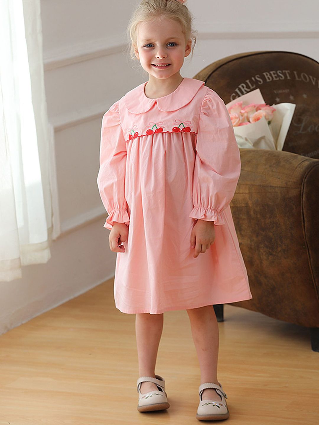 LULU & SKY Girls Embroidered Peter Pan Collar Puff Sleeve Cotton A-Line Dress-picture-20