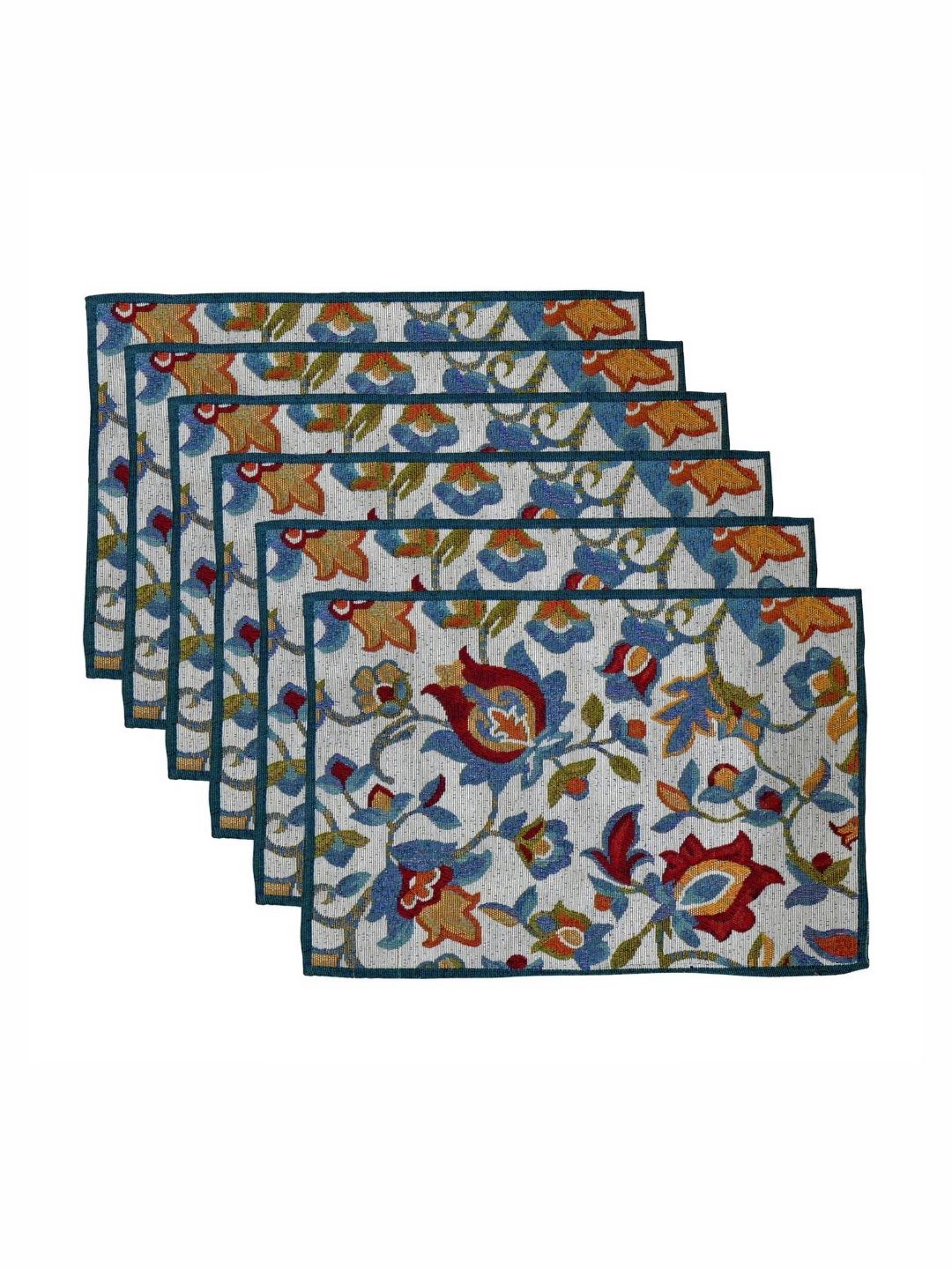 PRAKARTIK 6-Pcs Blue & Red Cotton Floral Printed Rectangle Table Placemats-picture-30