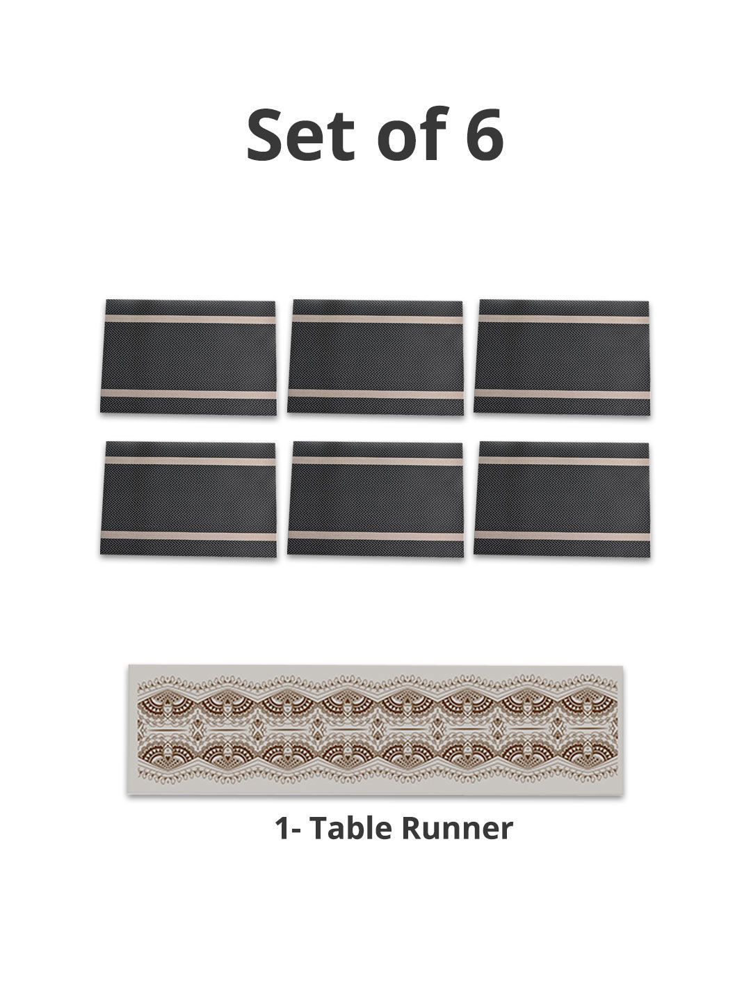 MARKET99 Brown & Beige 7 Pieces Printed Table Runner With Placemat Set-picture-21