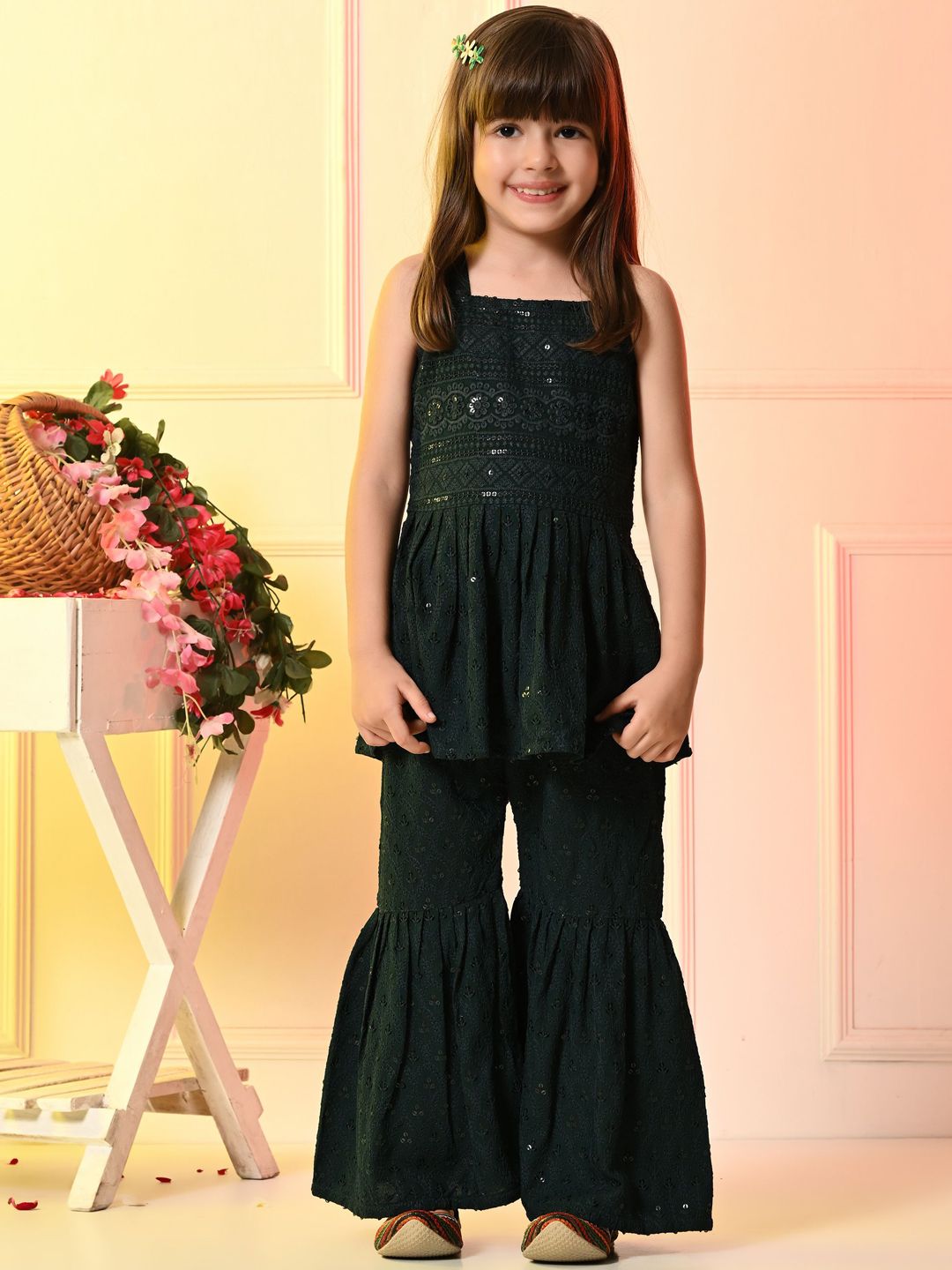 Muffin Shuffin Girls Ethnic Motifs Embroidered Regular Sequinned Kurti with Sharara-picture-28