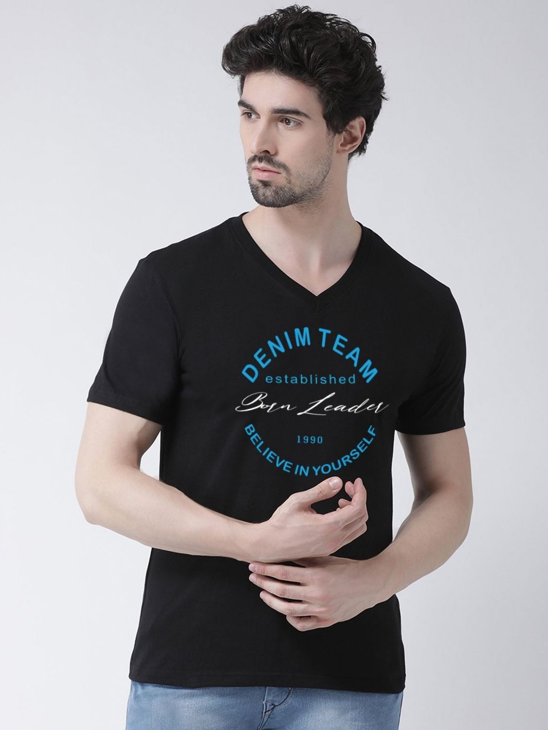 Friskers Men Typography Printed V-Neck Cotton Slim Fit T-shirt-picture-33