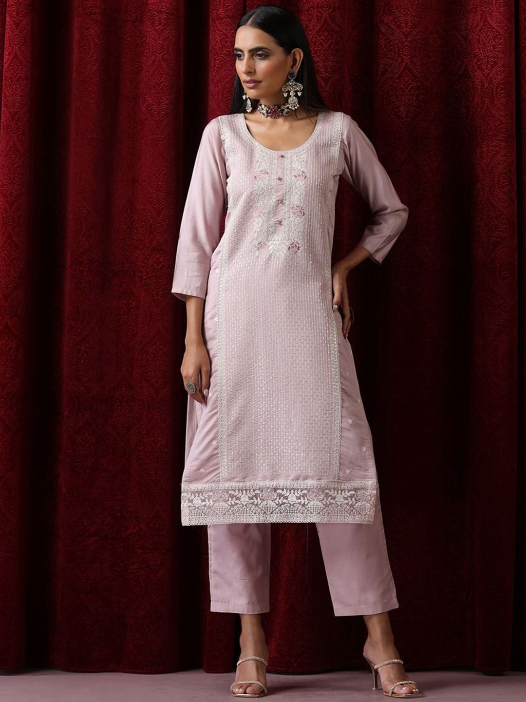 Women Red Silk Blend Solid Embroidered Straight Kurta Trouser With Dupatta-PKSKD2573RED main image 0