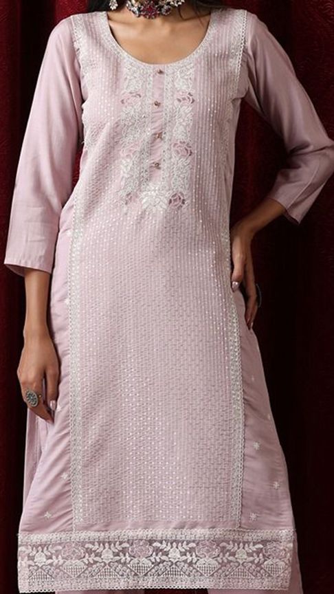 Pink Floral Embroidered Sequinned Straight Kurta With Trousers & Dupatta