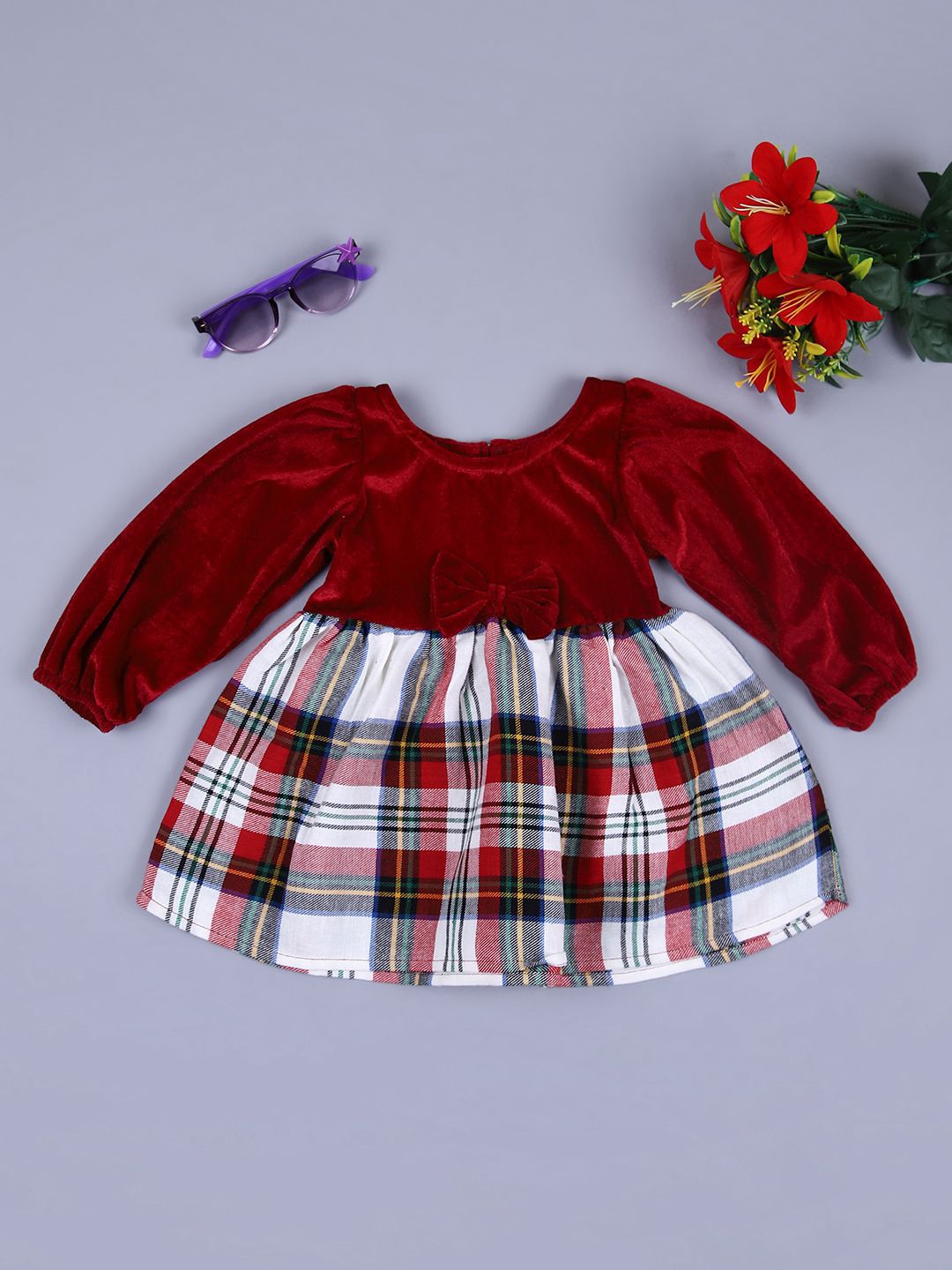 V-Mart Girls Velvet Round Neck Fit & Flare Dress-picture-30