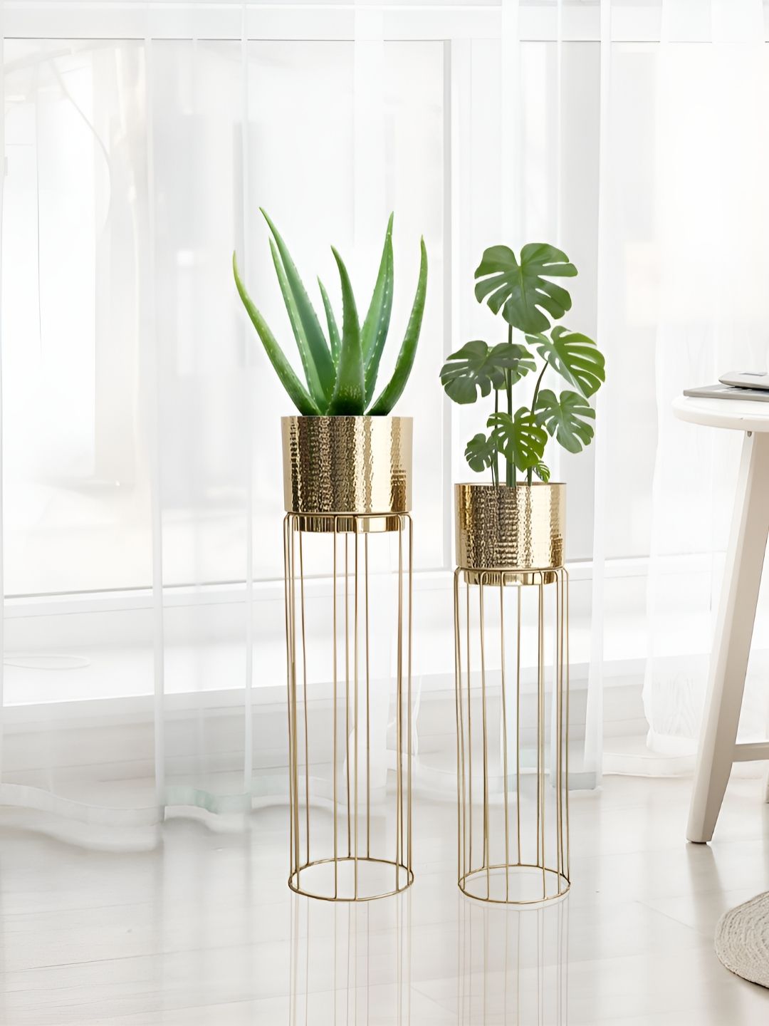 BEHOMA Gold-Toned 2 Pieces Textured Metal Planters With Stand-picture-45