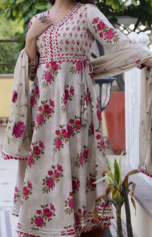 Floral Printed Pure Cotton Anarkali Kurta With Palazzos & Dupatta