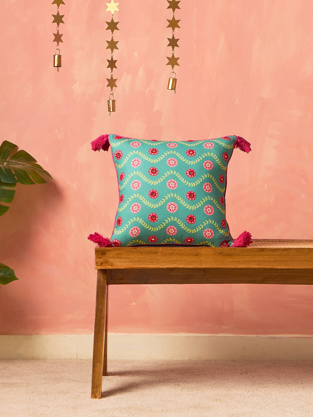 Chumbak Jhilmil Green & Pink Embroidered Cotton Square Cushion Cover-picture-39