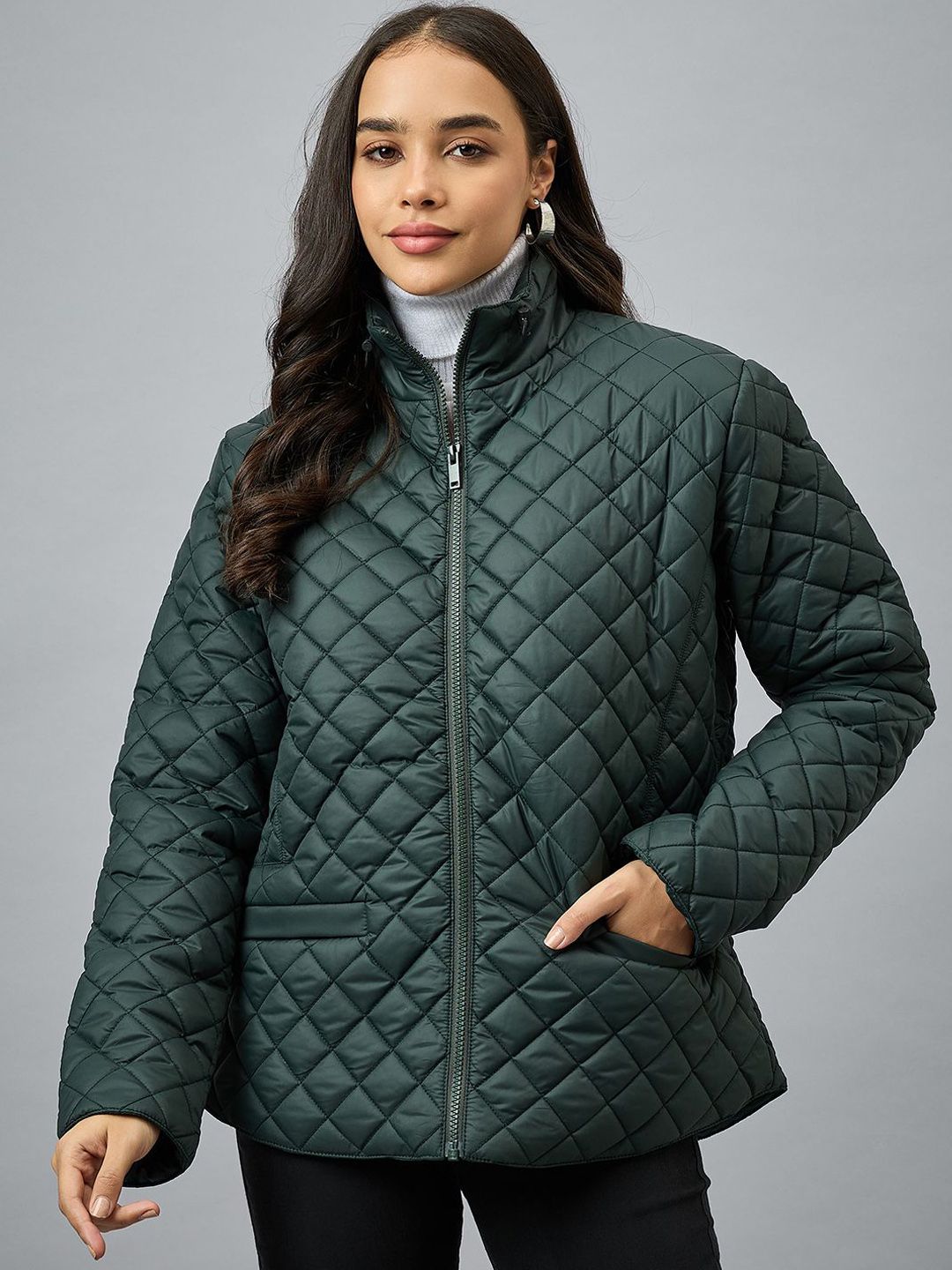 Club York Women Mock Collar Solid Casual Quilted Jacket