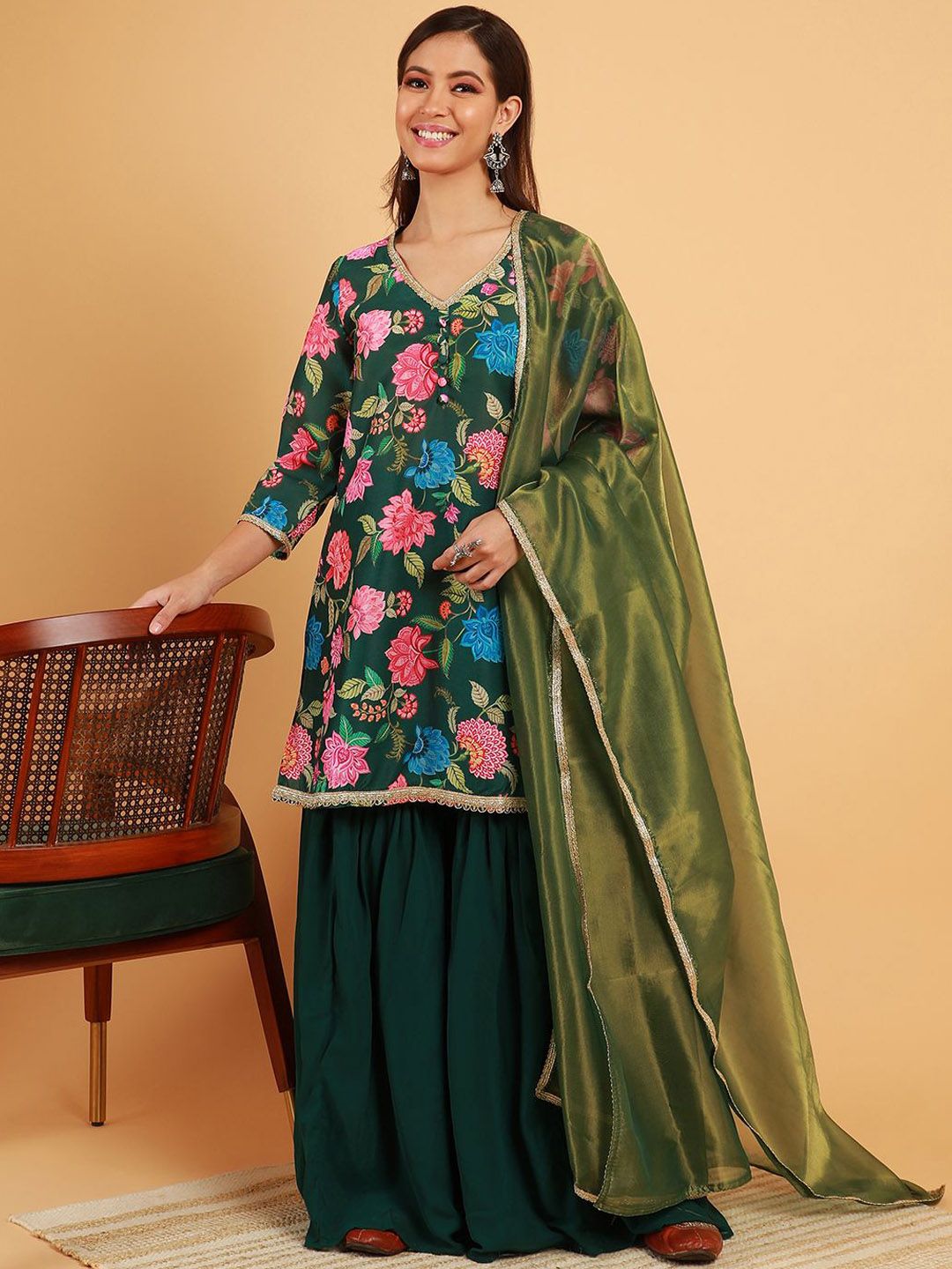 QISSA Floral Printed Sequinned Kurti with Sharara & Dupatta