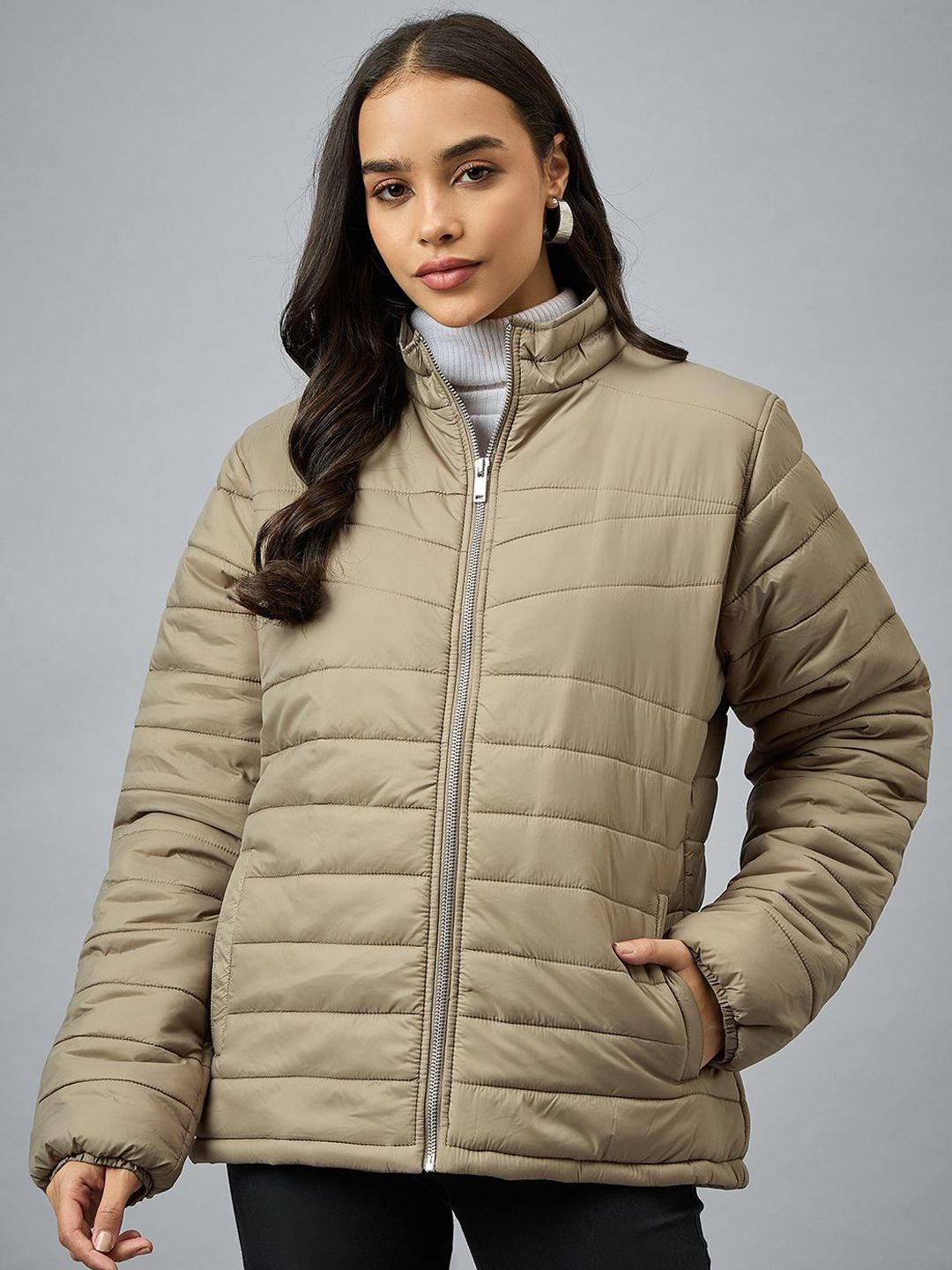 Club York Women Mock Collar Solid Casual Padded Jacket