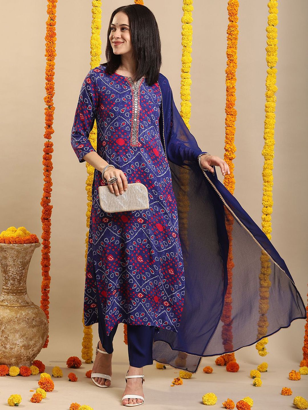 KALINI Bandhani Printed Thread Work Kurta with Trouser & Dupatta