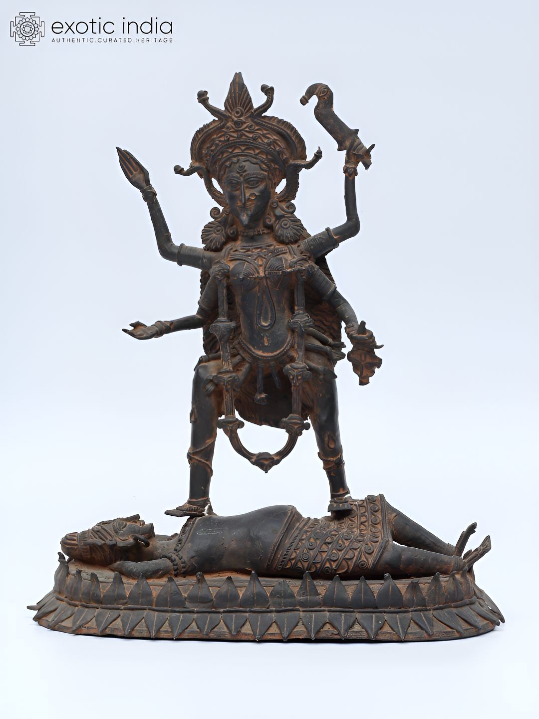 Exotic India 11" Goddess Kali Standing on Lord Shiva Tribal Bronze Statue-image-46