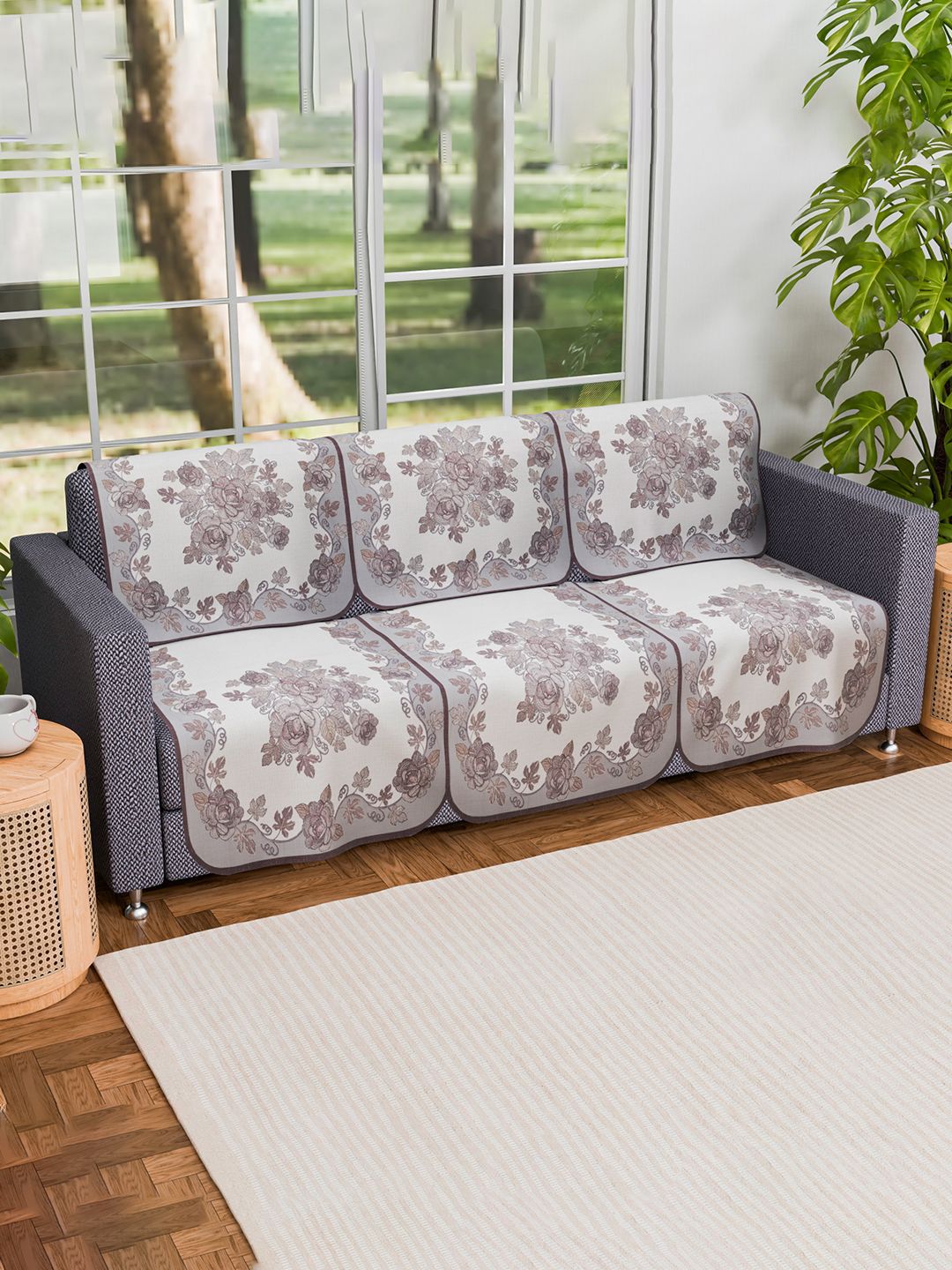 Kuber Industries Cream-Coloured & Brown 2 Pieces Self Design Cotton 3 Seater Sofa Cover