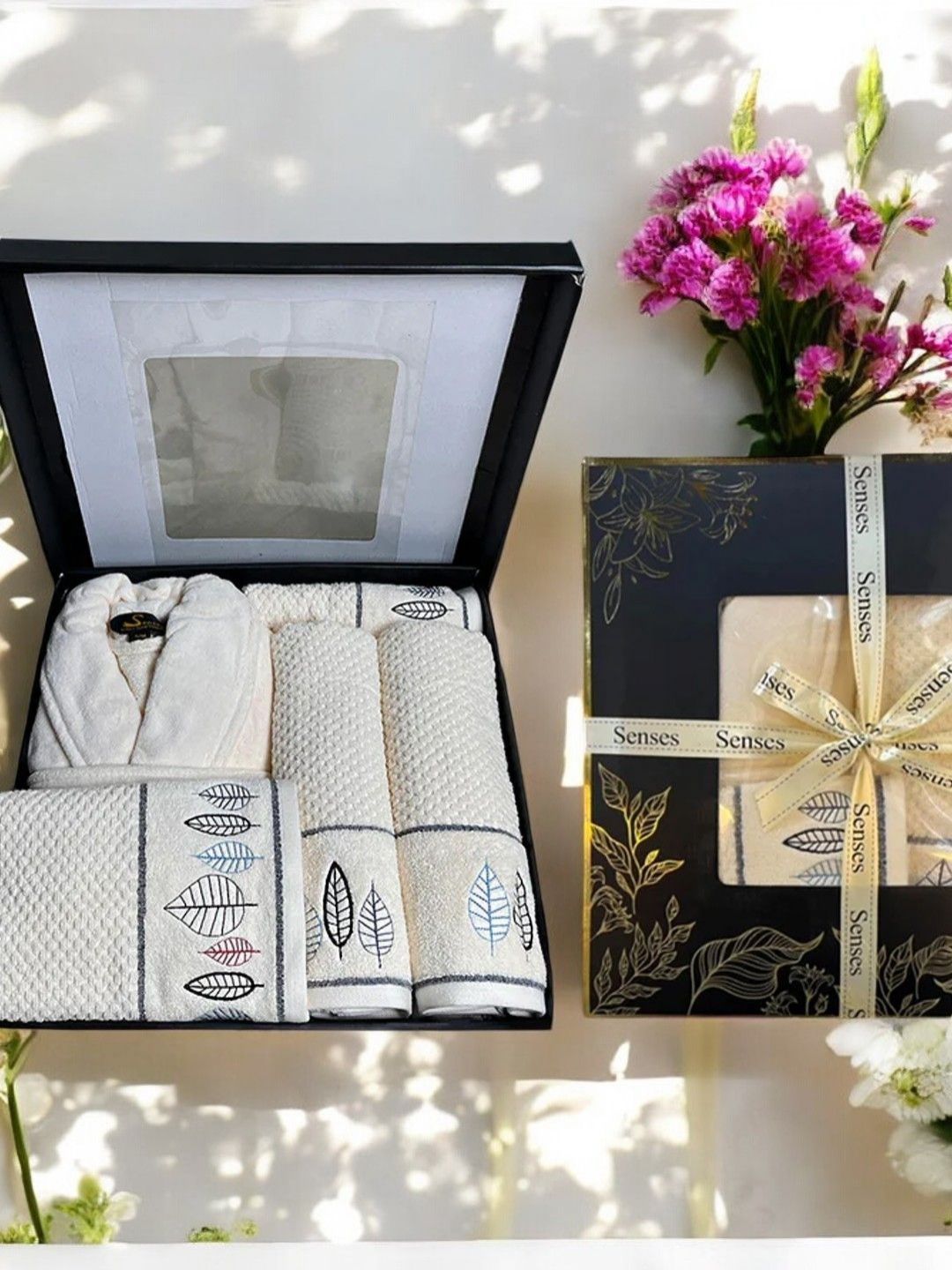 SENSES 550 GSM Ivory 5 Piece Cotton Bathrobe with Embroidered Towels & Hand Towel Gift Set