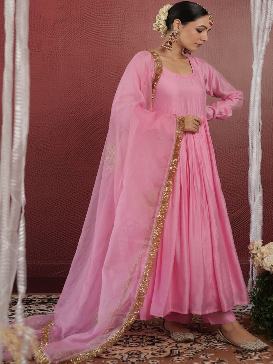 Black Floral Printed Chanderi Silk Anarkali Kurta With Dupatta