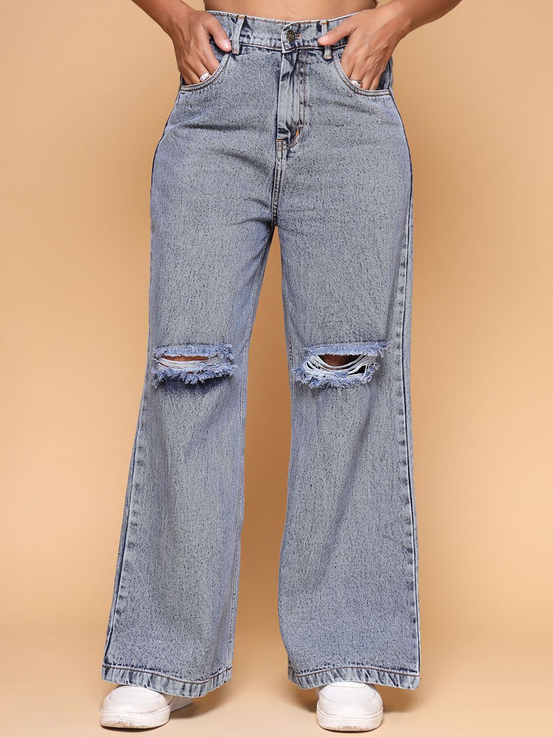 KATLINE Women Comfort Relaxed Fit Low Distress Heavy Fade Jeans-image-30