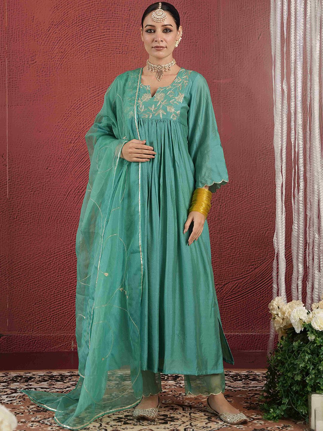 Women Floral Woven Design Chanderi Silk Kurta With Trouser And Dupatta Indian Suit Set