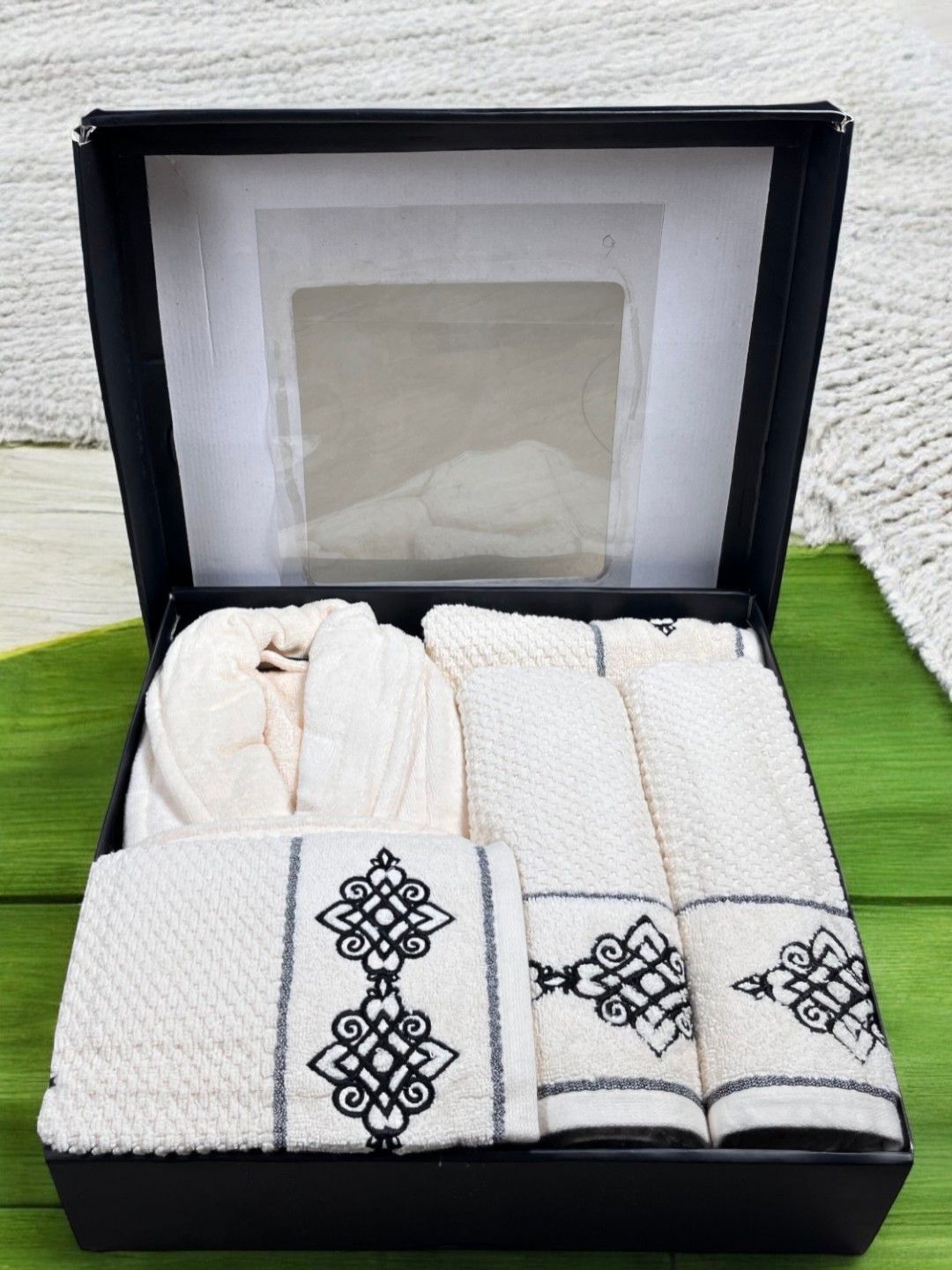 SENSES 550 GSM Ivory 5 Piece Cotton Bathrobe with Embroidered Towels & Hand Towel Gift Set-picture-12