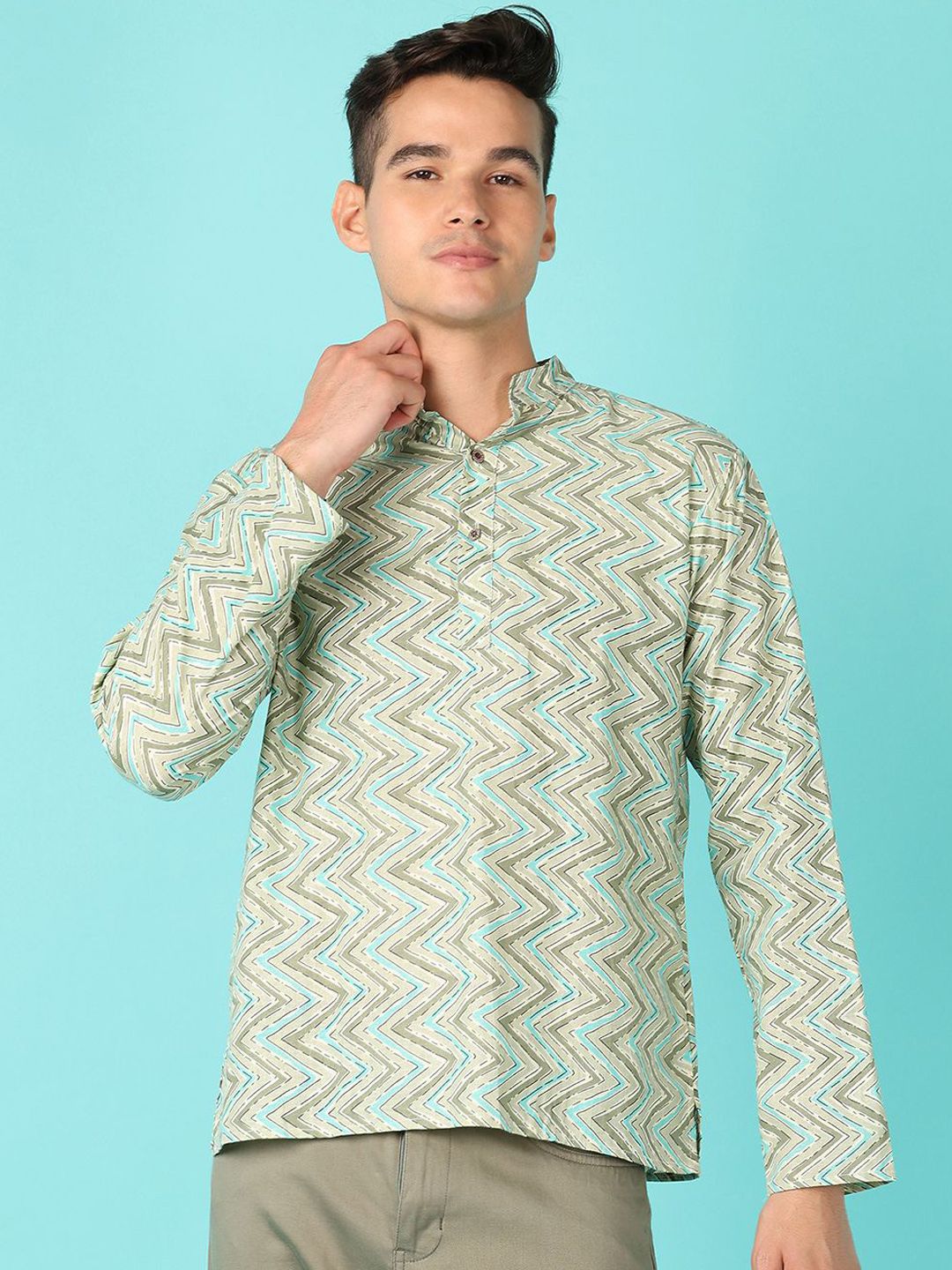 V-Mart Chevron Printed Mandarin Collar Long Sleeves Cotton Straight Short Kurta-picture-44