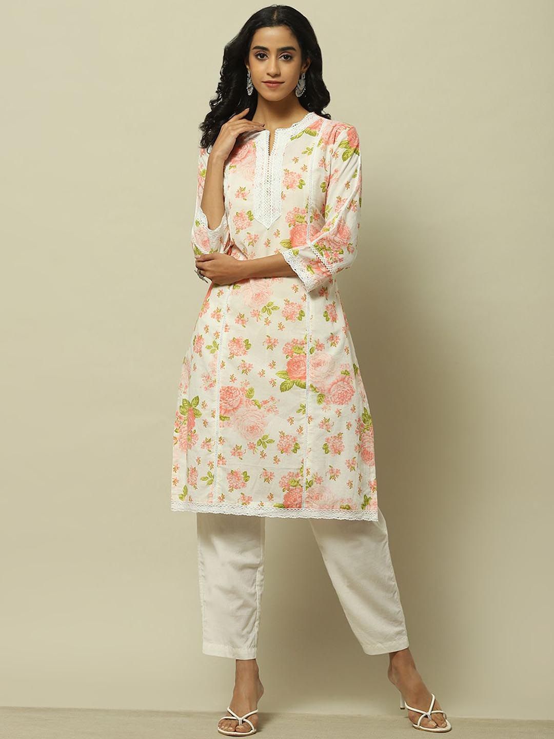 Rangriti Floral Printed Lace Pure Cotton Straight Kurta with Trousers-picture-22
