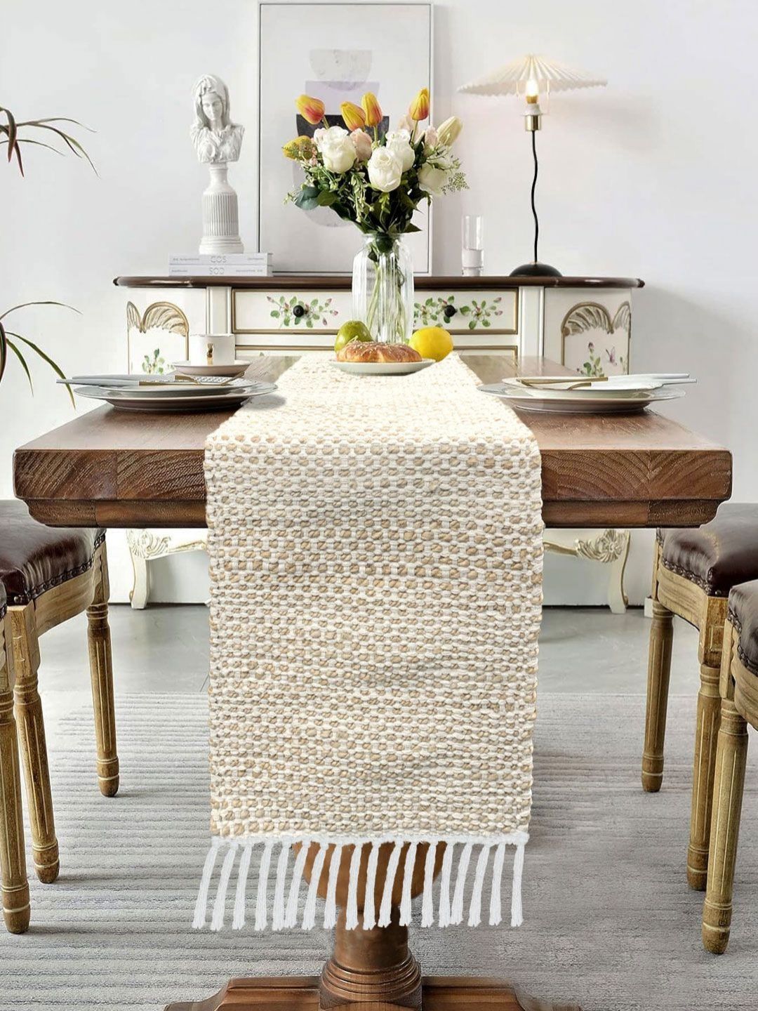 LUXEHOME INTERNATIONAL Beige & White Textured Pure Cotton Table Runner With Tassels-image-36