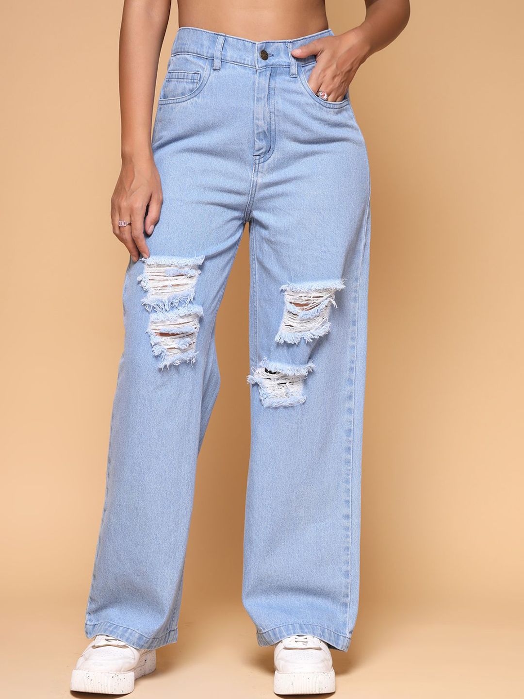 KATLINE Women Cotton Comfort Wide Leg Mid-Rise Low Distress Jeans-image-23
