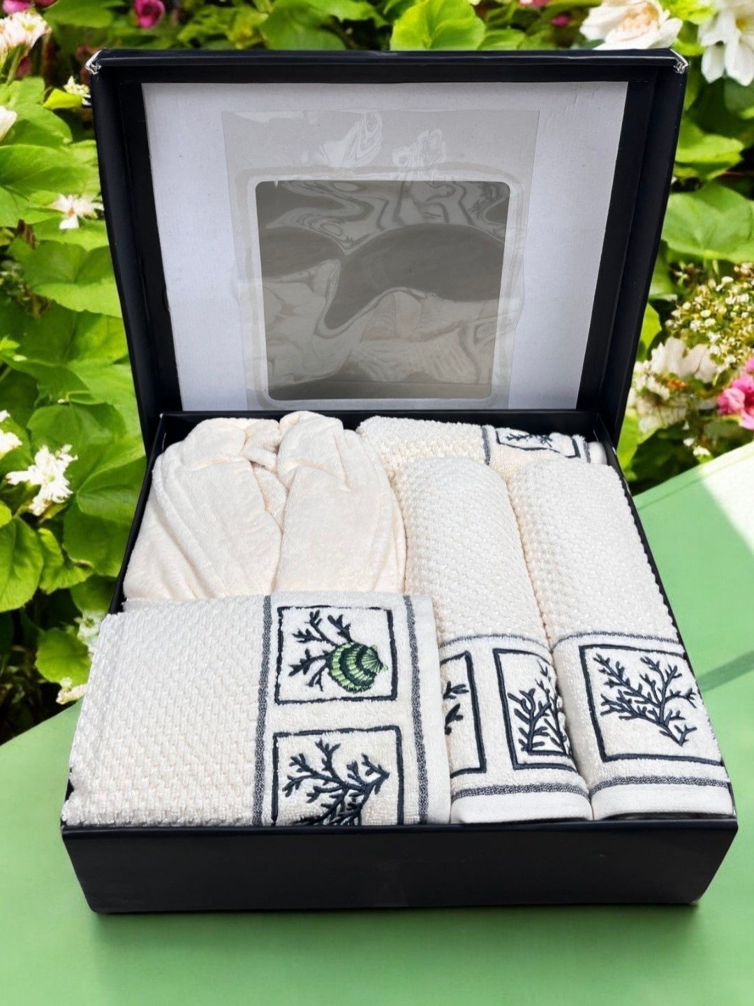 SENSES 550 GSM Ivory 5 Piece Cotton Bathrobe with Embroidered Towels & Hand Towel Gift Set-picture-53