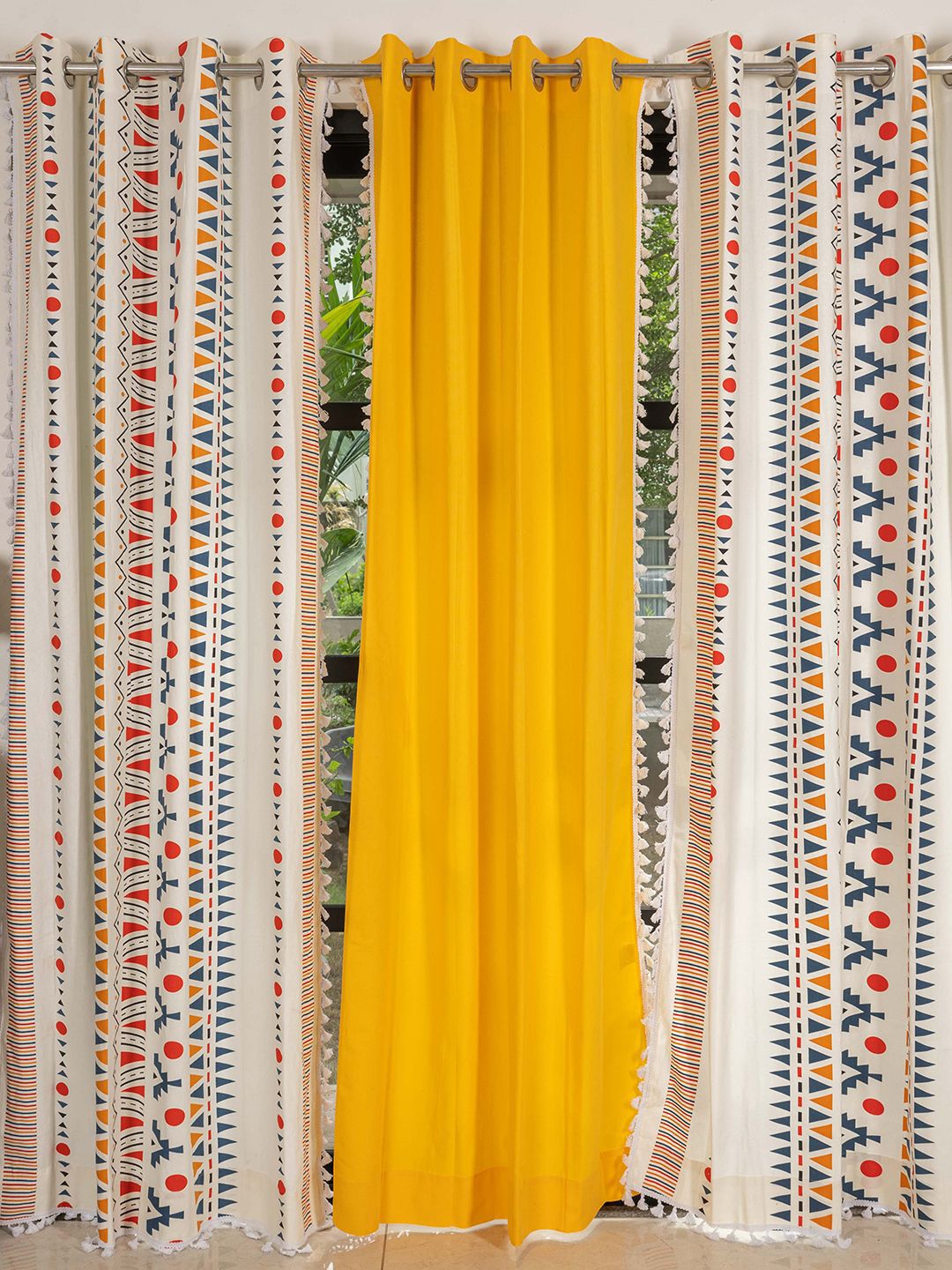 URBAN SPACE Yellow & Cream-Coloured 3 Pieces Geometric Door Curtain-picture-42