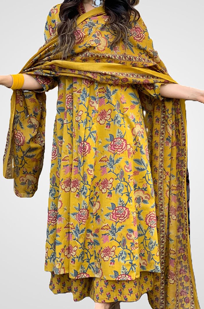 Women Yellow Floral Printed Sequinned Anarkali Kurta with Palazzos & Dupatta Set