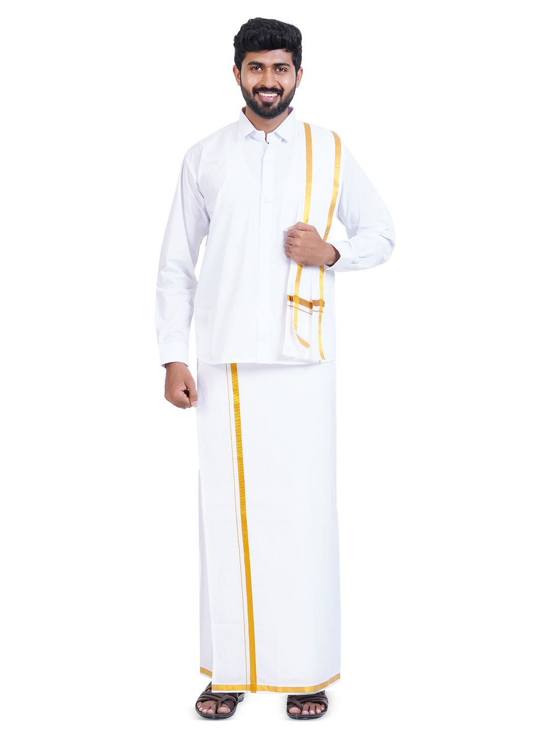 Ethazh Men Pure Cotton Shirt with Veshti & Angavasthiram