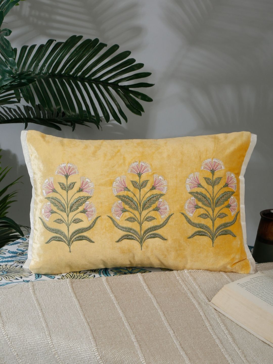 NISRAG HOME Yellow & Red Floral Velvet Rectangle Cushion Covers-image-2