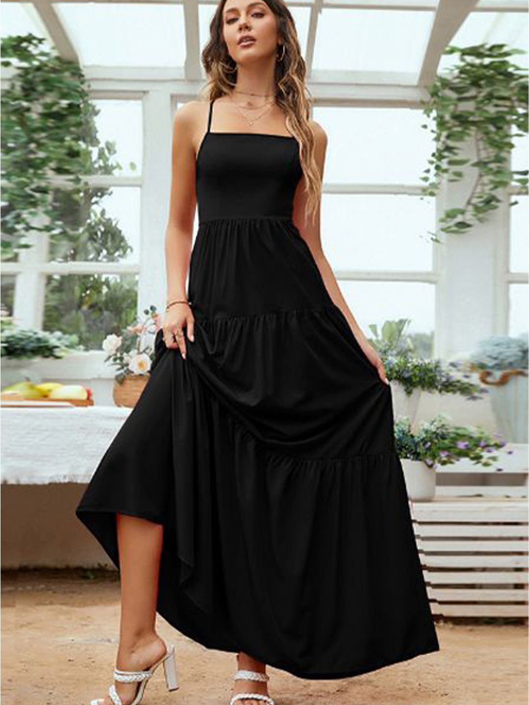 Adjustable Shoulder Strap Maxi Dress Button Down Waist Elastic Bottom Contrast Lace