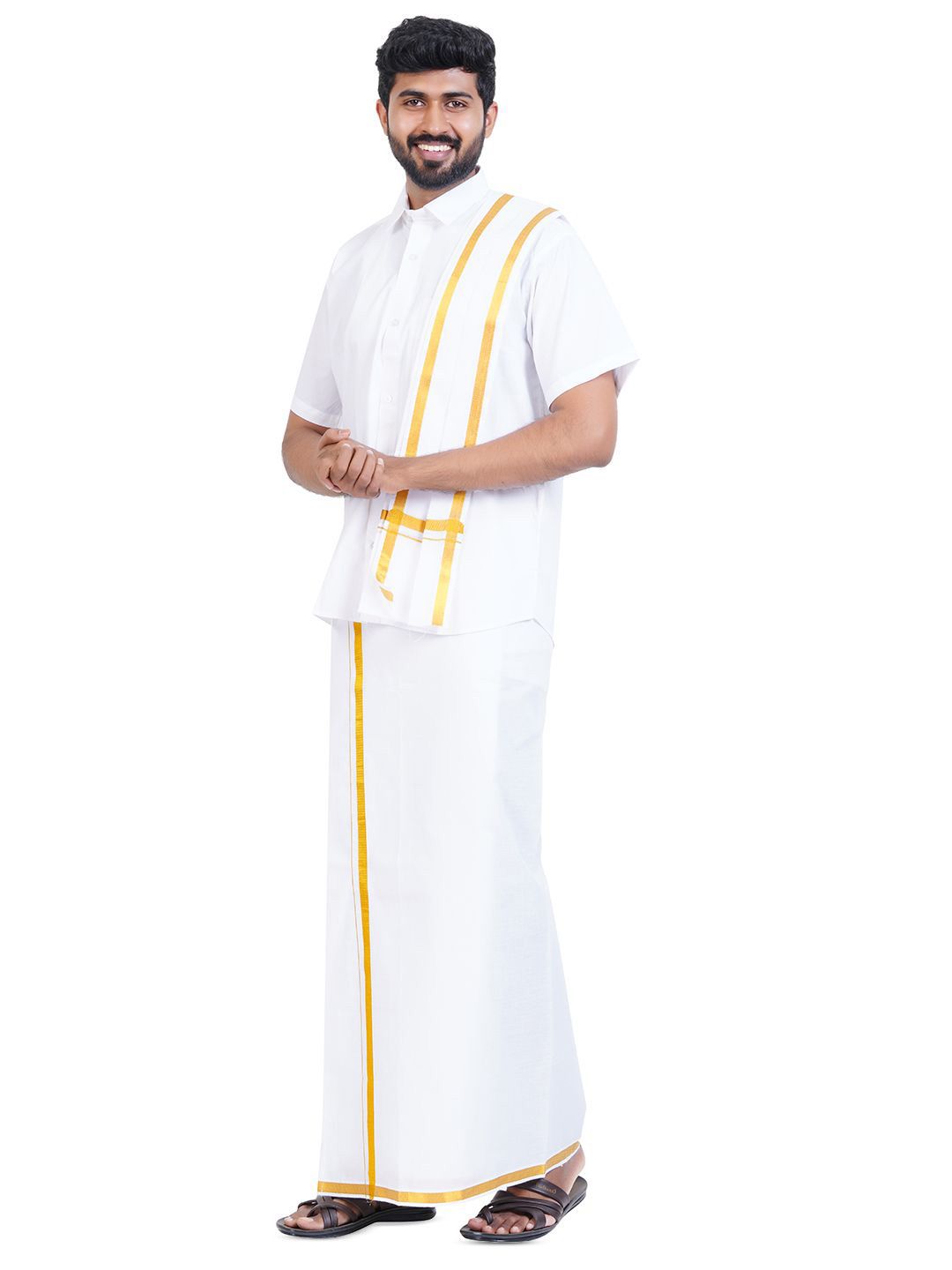 Ethazh Men Pure Cotton Shirt with Adjustable Veshti & Angavasthiram