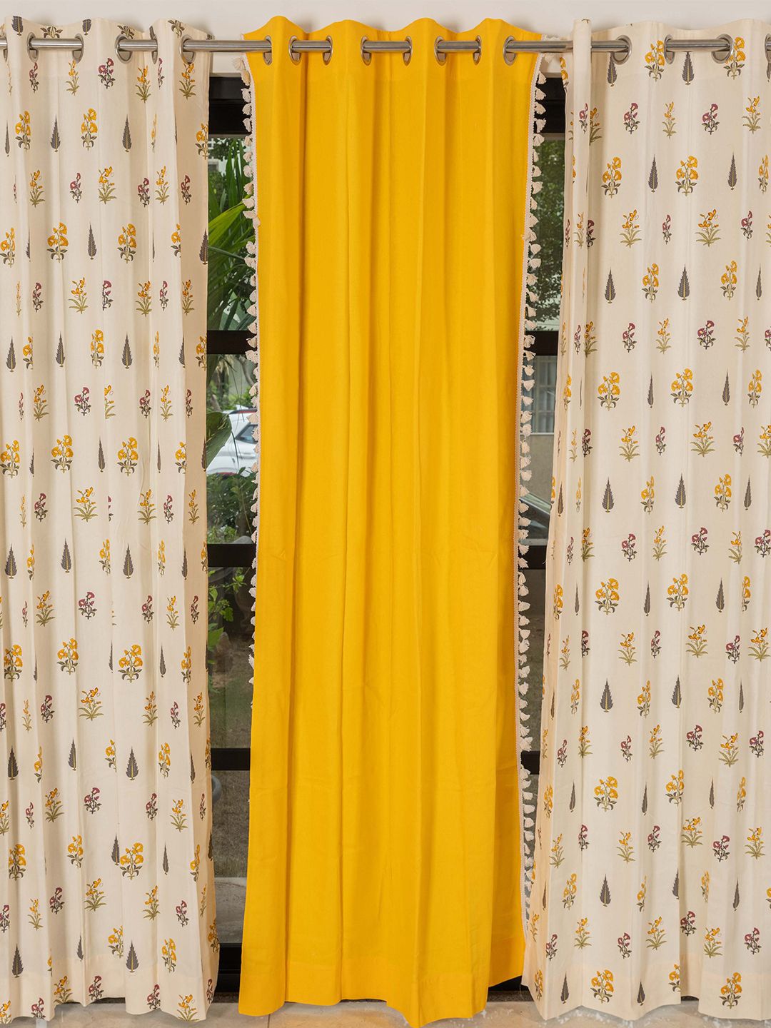 URBAN SPACE Yellow & Cream-Coloured 3 Pieces Floral Printed Cotton Door Curtain-picture-40