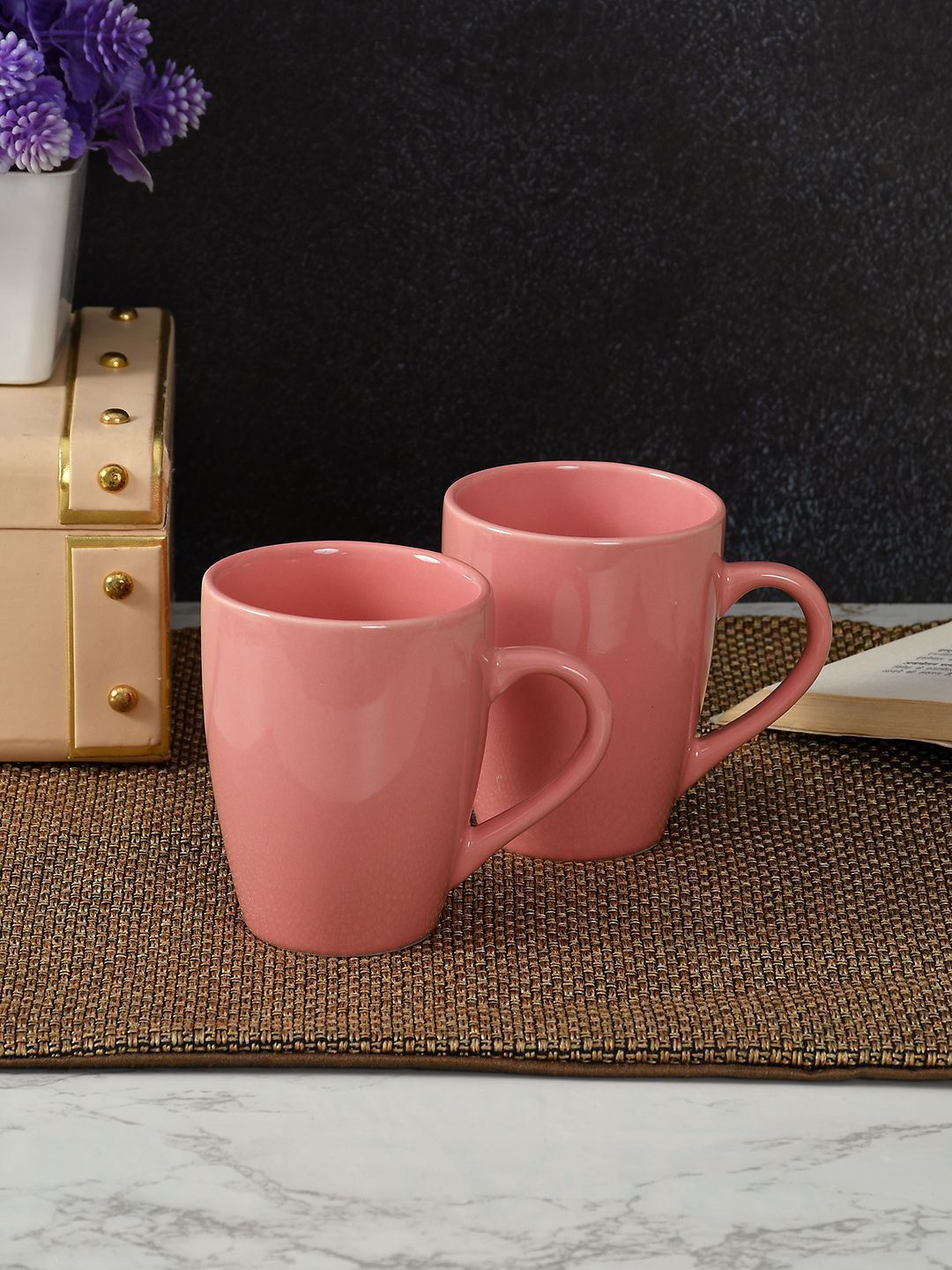 CLIO'S HERITAGE STORE Pink 2 Pieces Textured Ceramic Glossy Mugs  300 ml-picture-34