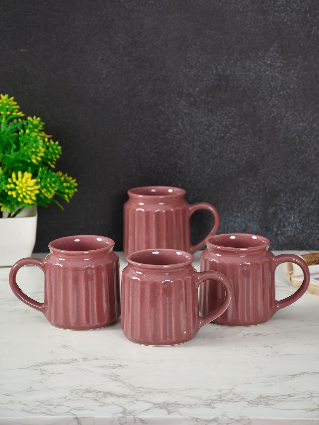 CLIO'S HERITAGE STORE Mauve 4 Pieces Classic Textured Ceramic Glossy Mugs 300ml Each-picture-12