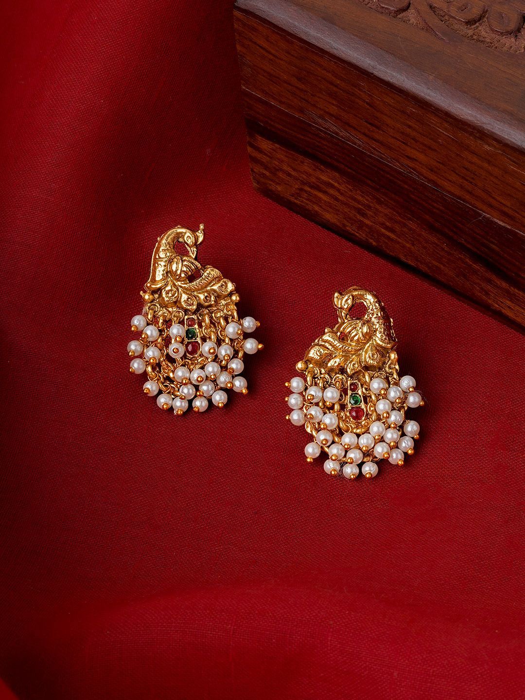 TEEJH Gold-Plated Stone Studded Temple Contemporary Studs-picture-22