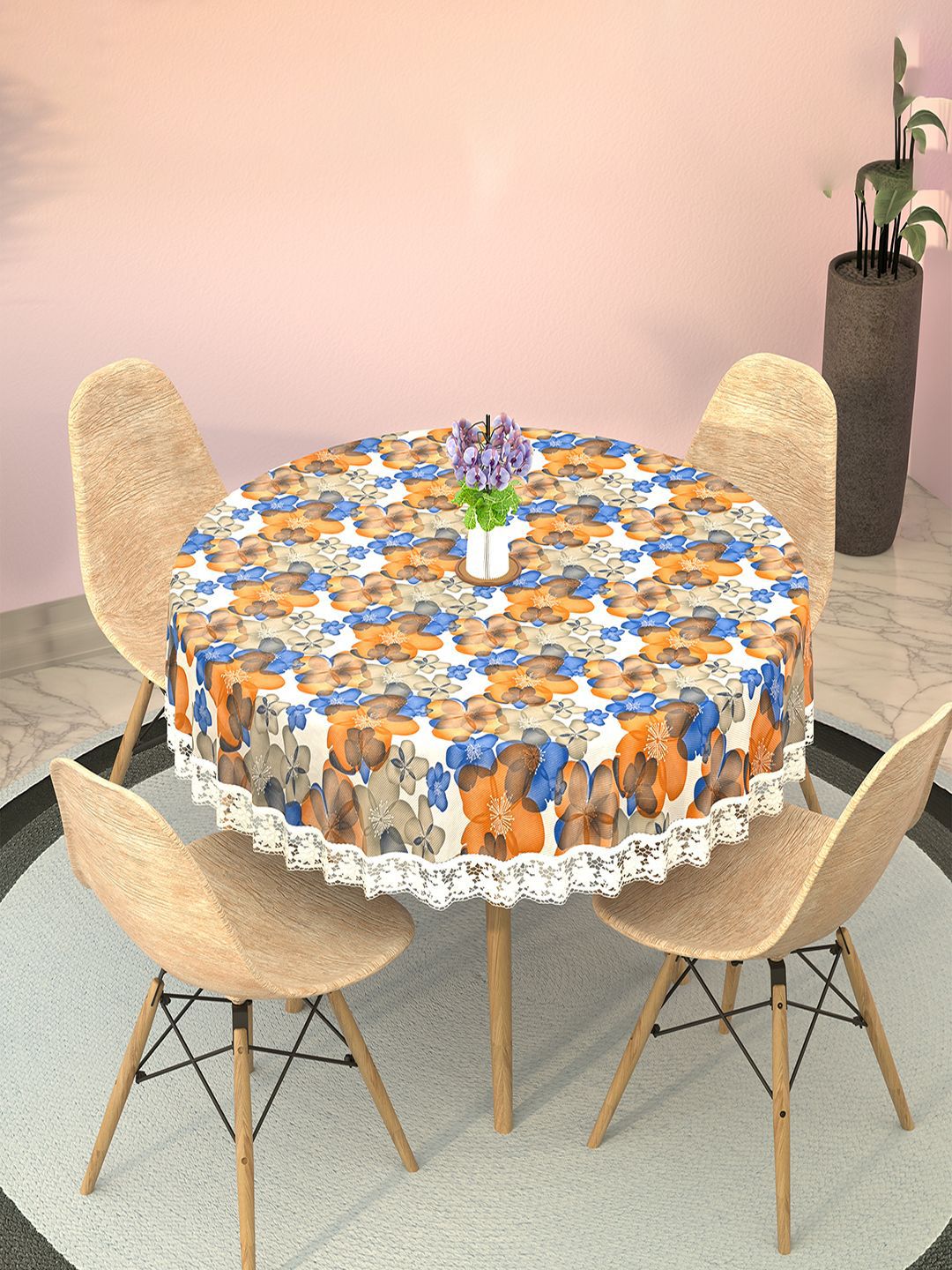 Kuber Industries White Floral Waterproof Round 4-Seater Table Cover-picture-33